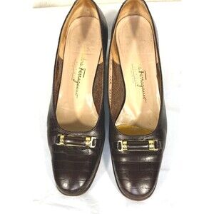 Salvatore Ferragamo Boutique Brown Croc Leather Block Heel Pumps Shoes Sz 9 2A